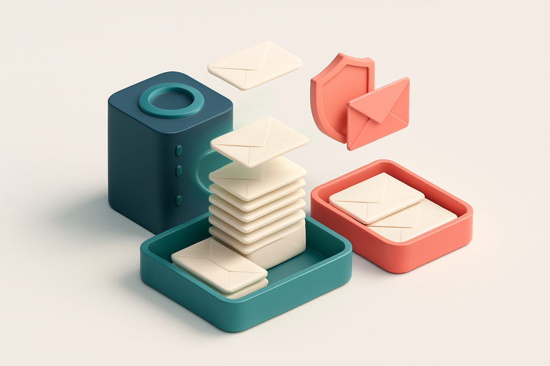 An isometric email inbox with envelopes being sorted onto a green 'valid' tray and a red 'invalid' tray, a server node s