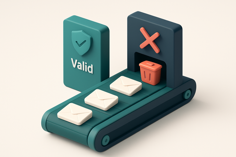 An isometric illustration of a green conveyor belt carrying email envelopes through two labeled gates: one marked 'Valid