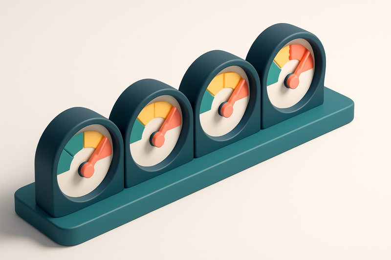 a row of four gauge dials showing green, yellow, and red zones