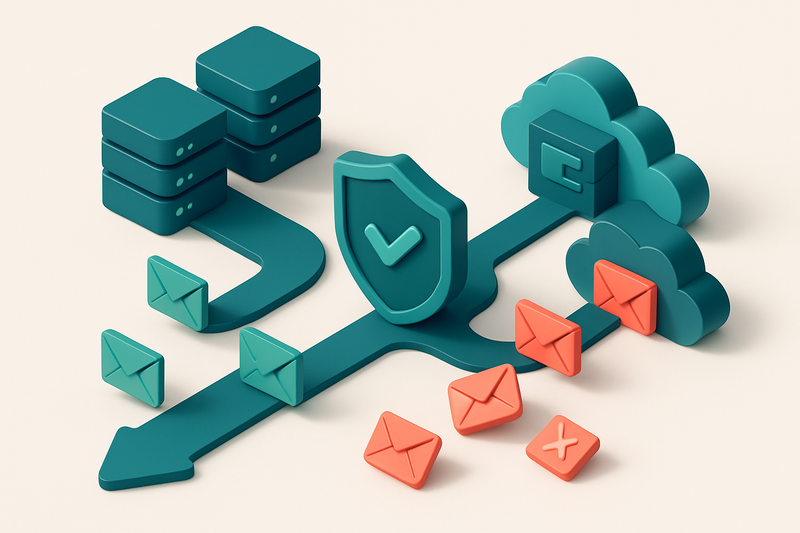 Hero: an isometric email server farm with two main pathways — one labeled 'On-Premise' and the other 'Cloud', both feedi