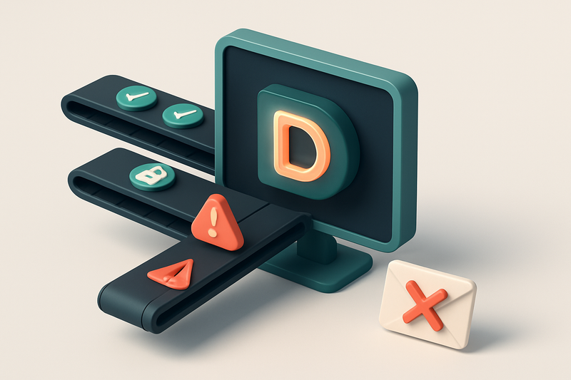 An isometric desktop display showing a glowing D mar c symbol at the center, with three conveyor belts feeding into it: