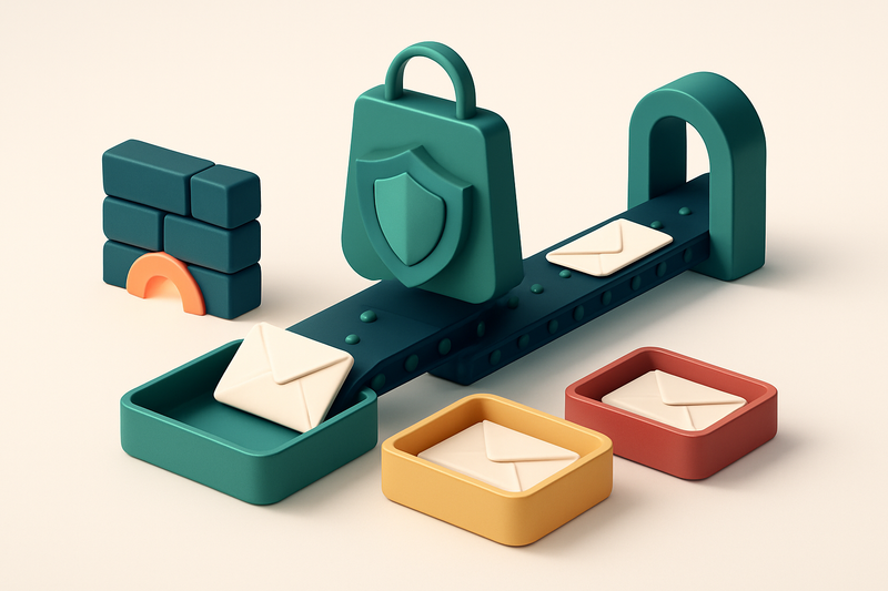 Hero: an isometric illustration of a fashion brand's email outreach funnel with envelopes labeled 'valid', 'risky', and
