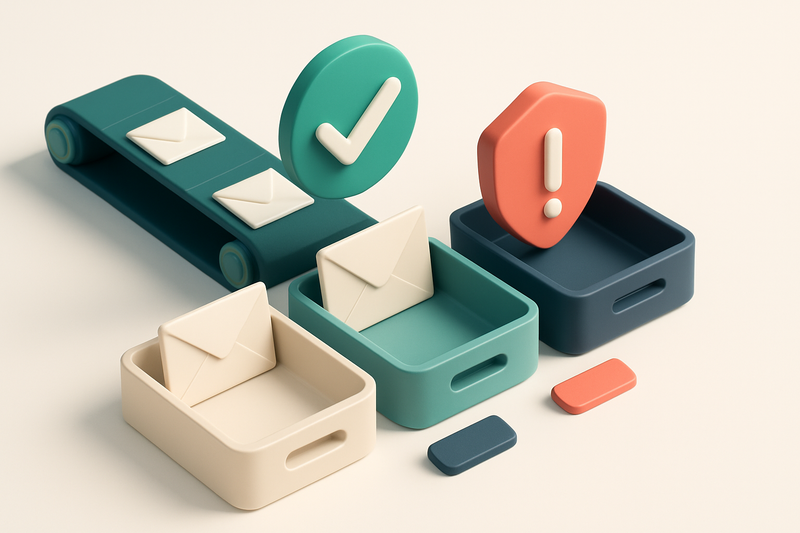 An isometric dashboard with a conveyor belt feeding envelopes marked 'valid', 'catch-all', and 'invalid' into labeled tr