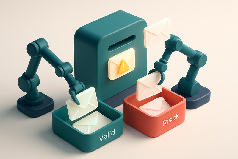 An isometric illustration of a digital inbox with glowing envelopes labeled 'Valid', 'Catch-All', and 'Risky' being sort