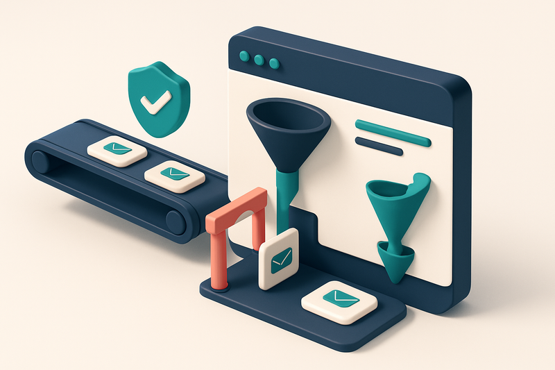 An isometric illustration of a Customer.io dashboard with a conveyor belt feeding in email addresses, each being scanned