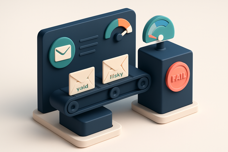 An isometric email sender dashboard with a conveyor belt carrying envelopes labeled 'valid' and 'risky' into two separat