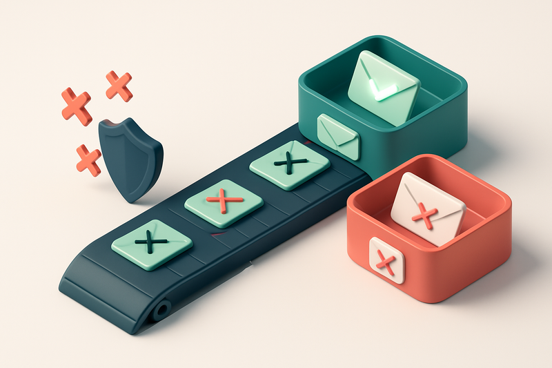 An isometric dashboard with a green 'verified' tray and a red 'invalid' tray; a conveyor belt moves envelopes labeled wi