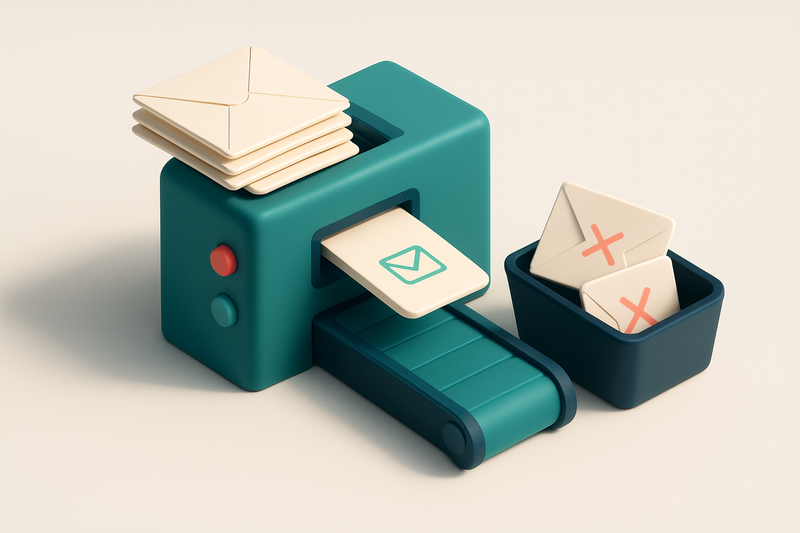 An isometric illustration of a recruitment pipeline: a stack of paper envelopes labeled 'LinkedIn Export' flows into a m