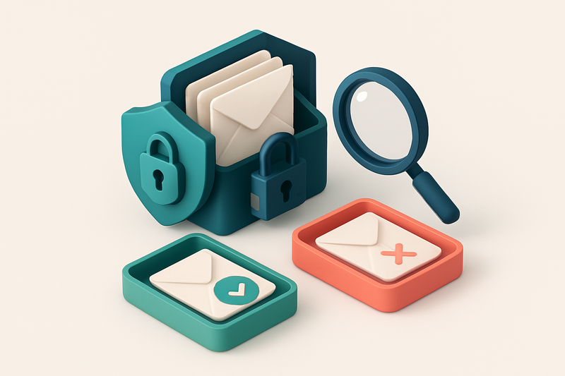 An isometric email inbox with envelopes being sorted onto a green 'valid' tray and a red 'invalid' tray, a magnifying gl