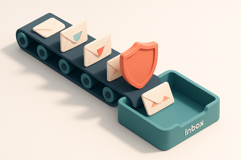 An isometric inbox with a conveyor belt feeding envelopes — some stamped 'Valid', others 'Invalid', 'Catch-All', or 'Ris