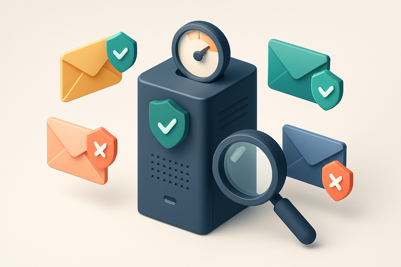 Hero: an isometric view of a secure email server tower with multiple colored envelopes labeled 'Mailchimp', 'Klaviyo', '