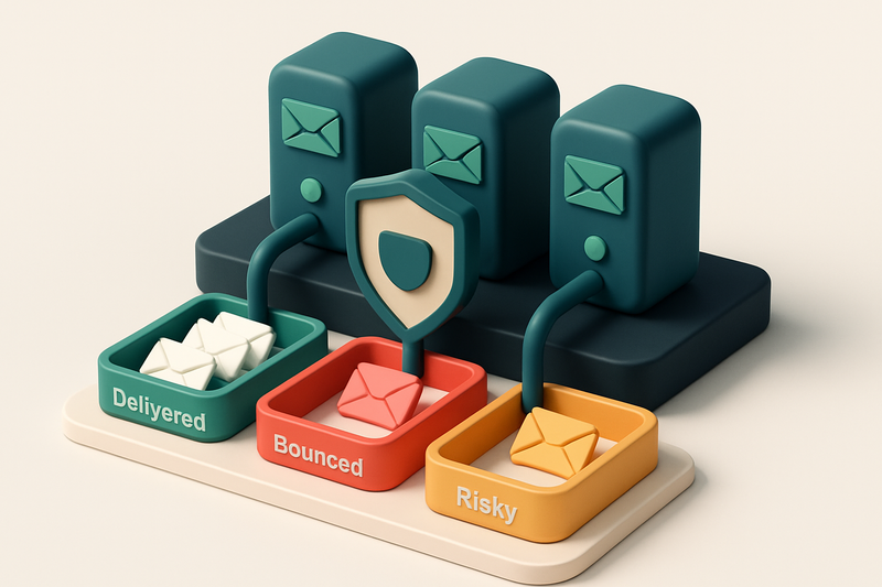 An isometric view of a manufacturing control room with three email servers on a platform, each channeling envelopes into