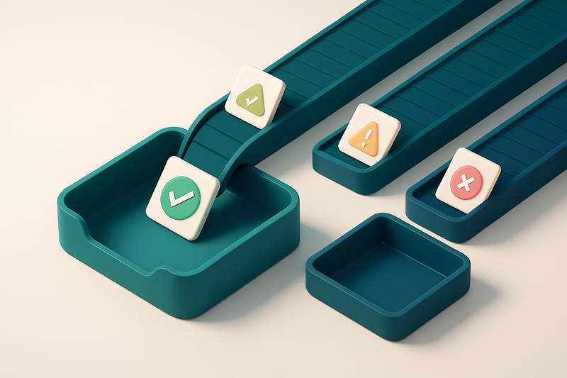 An isometric inbox with three conveyor belts: one labeled 'valid' (green) with checkmarks, one labeled 'catch-all/risky'