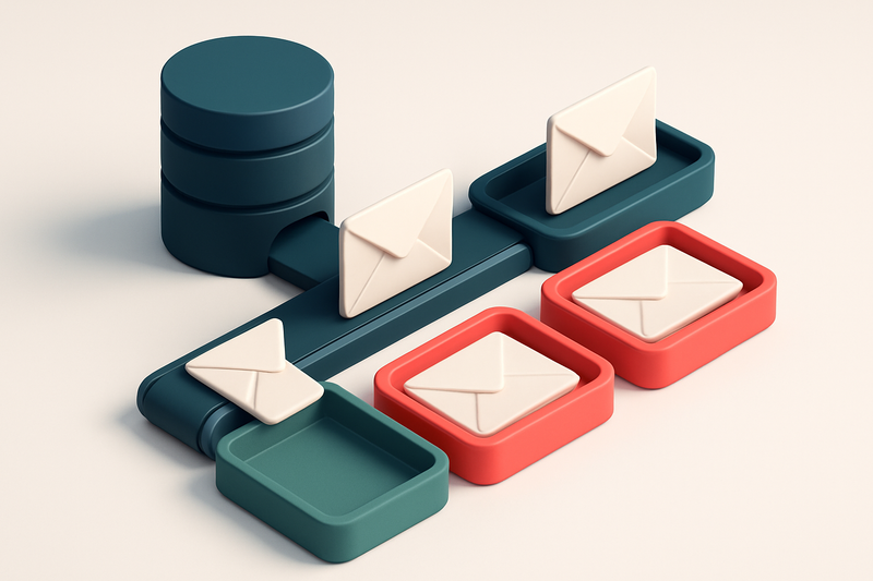 An isometric email inbox with envelopes being sorted into three trays: a green 'valid' tray, a red 'invalid' tray, and a