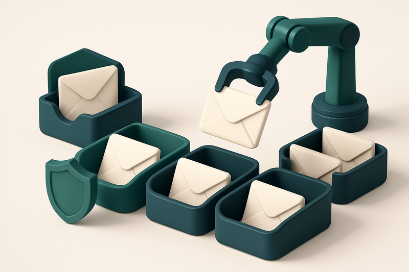 An isometric email inbox with envelopes labeled 'valid', 'invalid', 'catch-all', and 'risky' being sorted by a robotic a