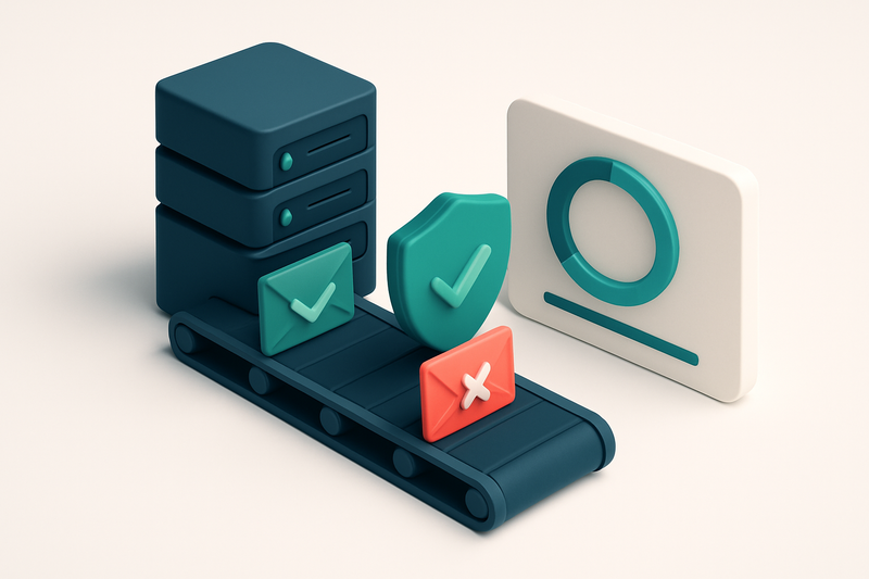 An isometric server rack with green 'verified' and red 'failed' email envelopes being pulled through a conveyor belt, a