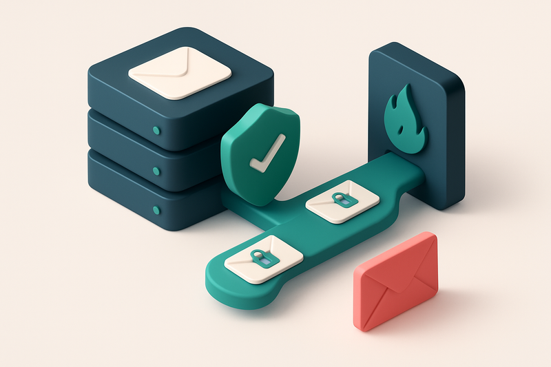 An isometric email server stack with a green 'secure transport' shield protecting a data stream, encrypted envelopes flo