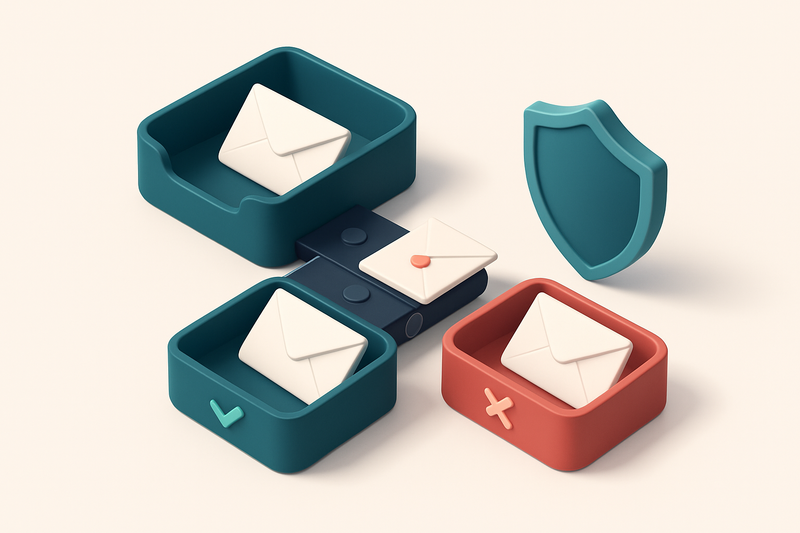 An isometric email inbox with envelopes being sorted onto a green 'valid' tray and a red 'invalid' tray, a conveyor belt