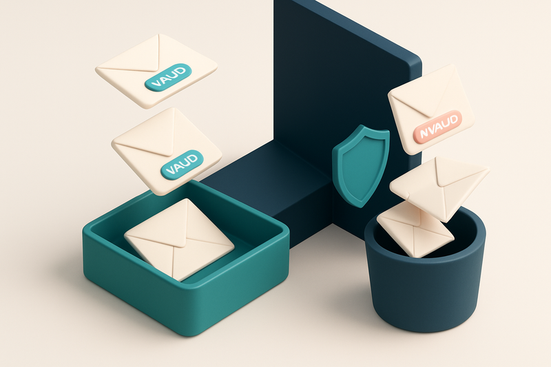 An isometric email inbox split down the middle: one side shows envelopes labeled 'valid' going into a green 'delivered'