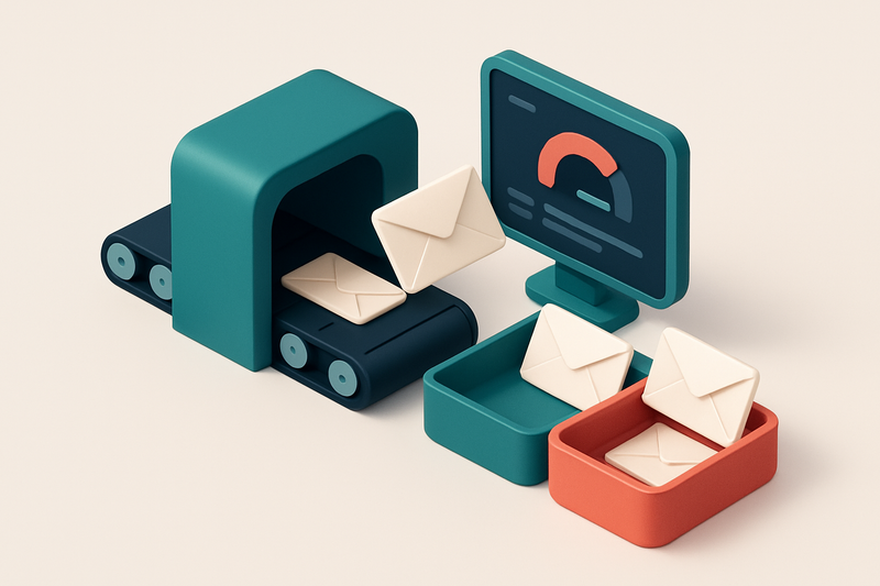 An isometric email inbox with envelopes being sorted onto a green 'valid' tray and a red 'invalid' tray, a conveyor belt