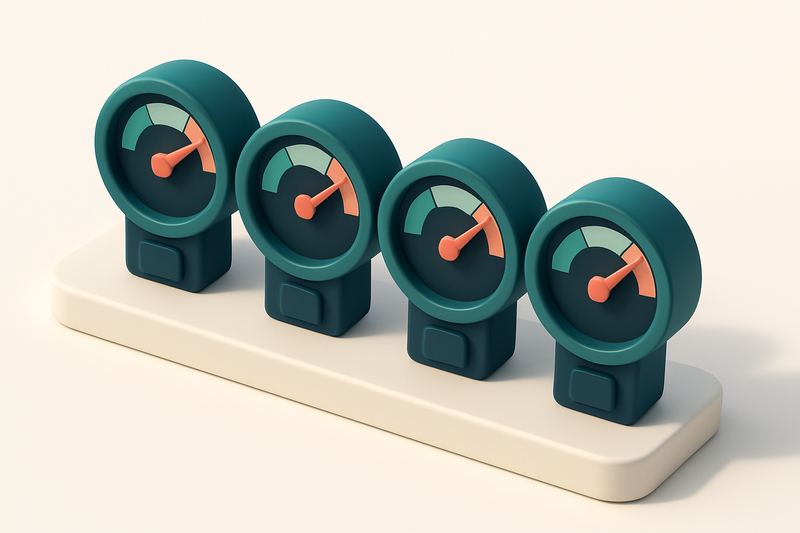 a row of four gauges showing inbox placement scores across Gmail, Outlook, Yahoo, and Apple Mail