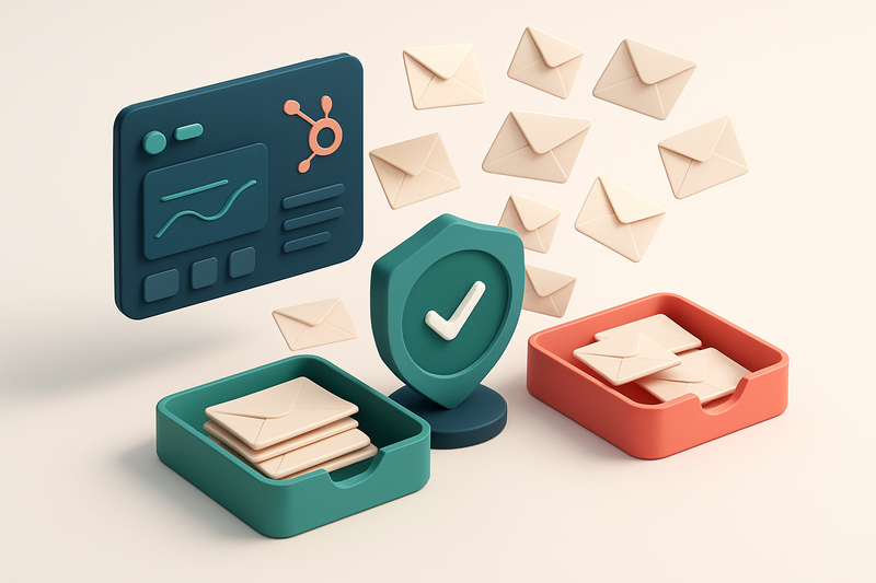 an isometric email inbox with thousands of envelopes flying in from a HubSpot dashboard, some labeled 'valid' on a green