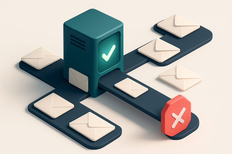 Hero: an isometric email server rack with envelopes labeled 'valid', 'invalid', 'catch-all', and 'risky' being fed into