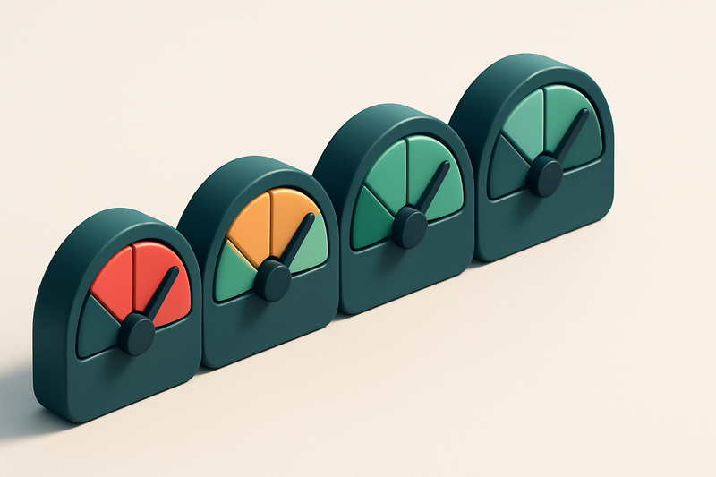 a row of four gauges showing red, amber, green, and black zones