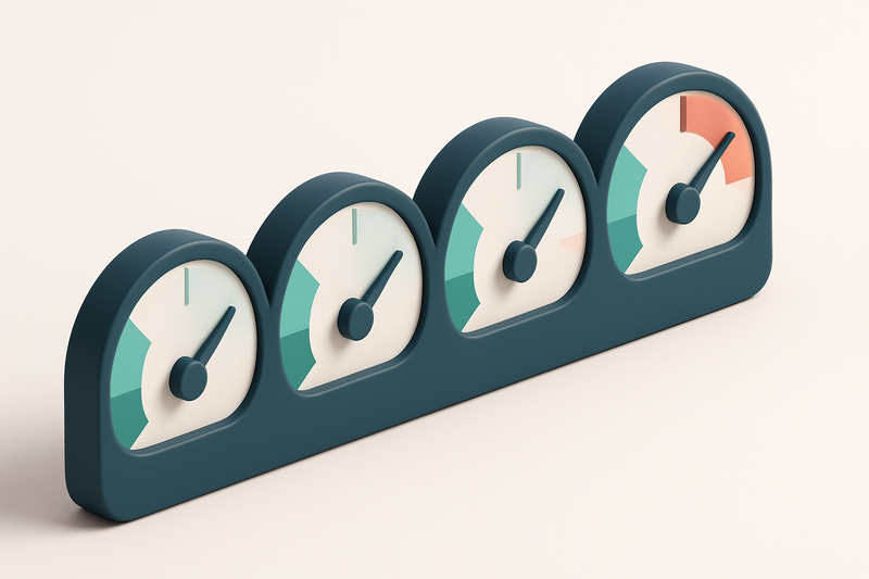 a row of four gauges showing deliverability scores from 0 to 100