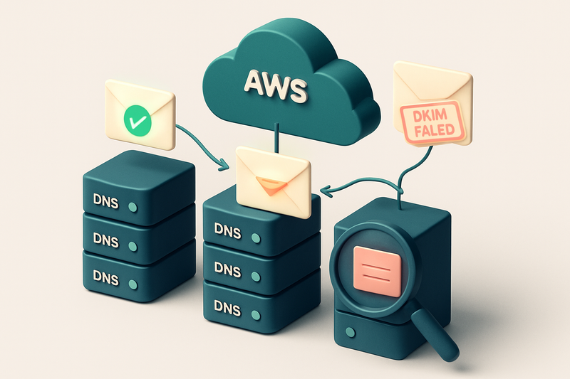 An isometric view of three DNS servers connected to a cloud hub labeled 'AWS SES', each sending a signed envelope with a