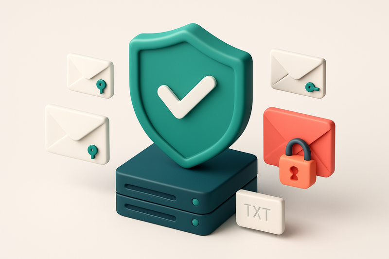 An isometric illustration of a green shield with a 'DKIM Verified' checkmark, surrounded by incoming emails with small k