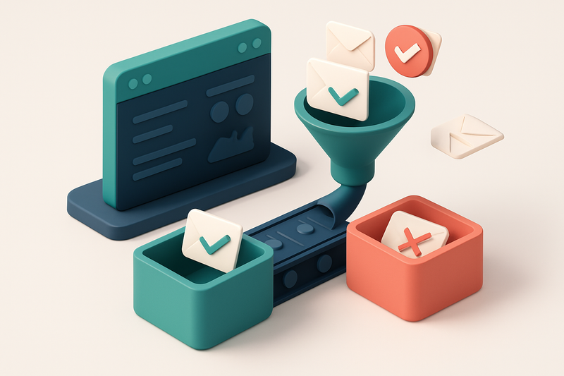 An isometric view of a digital CRM dashboard with incoming leads flowing in through a funnel, where each email is flagge