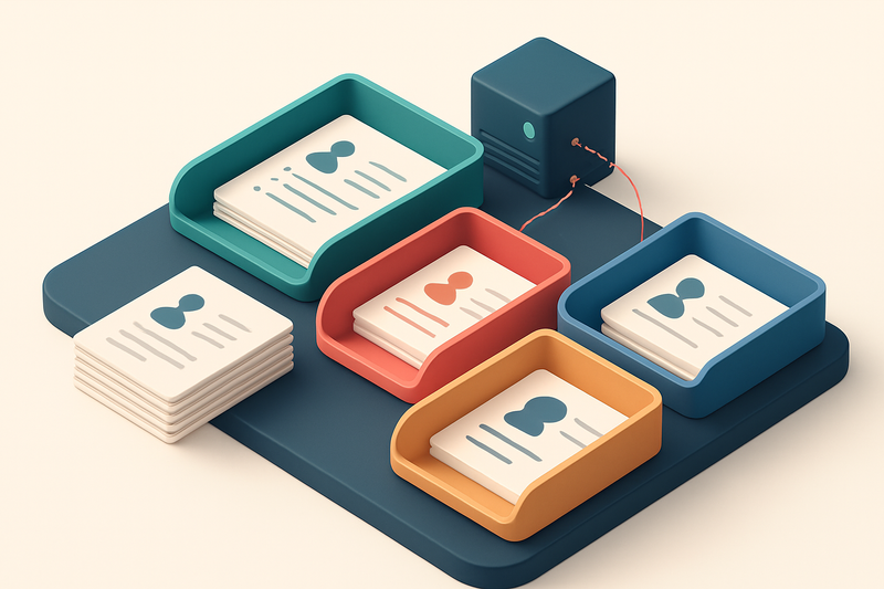 An isometric desk setup with a green 'valid' tray, a red 'invalid' tray, a yellow 'risky' tray, and a blue 'catch-all' t
