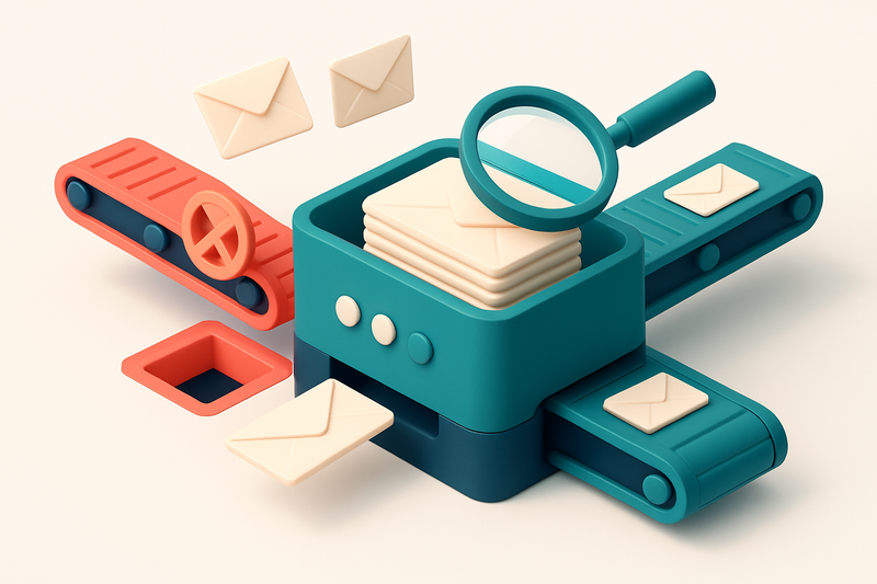 An isometric email inbox with envelopes flying in from a red 'invalid' conveyor belt and a green 'valid' conveyor belt,