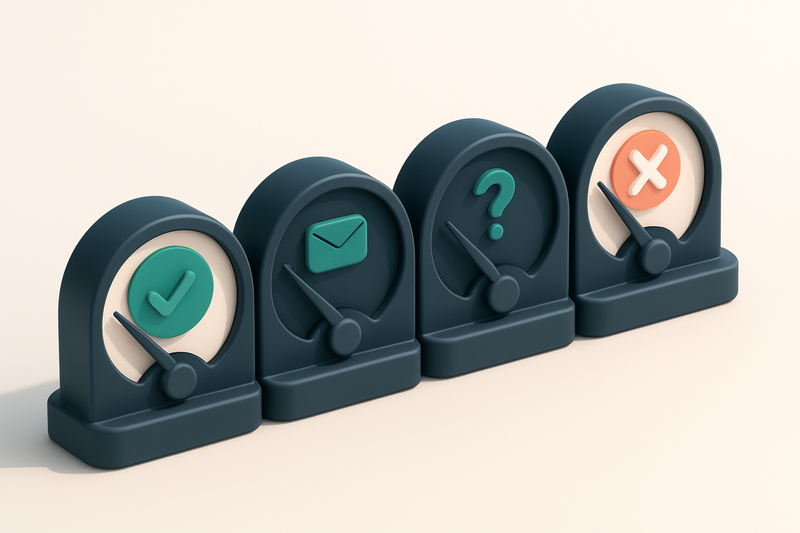 a row of four gauges showing valid, invalid, catch-all, and risky email statuses