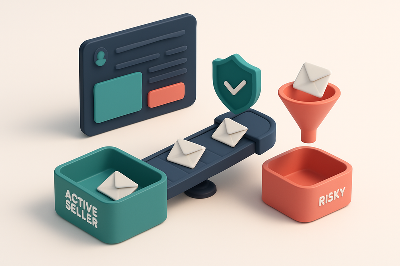 Hero: an isometric marketplace dashboard with a green 'active seller' tray and a red 'invalid' tray; emails flow through