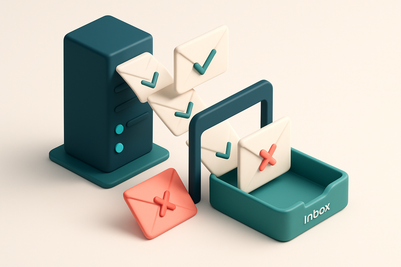 An isometric email server array with multiple digital envelopes labeled 'valid' moving toward a green 'inbox' tray, whil