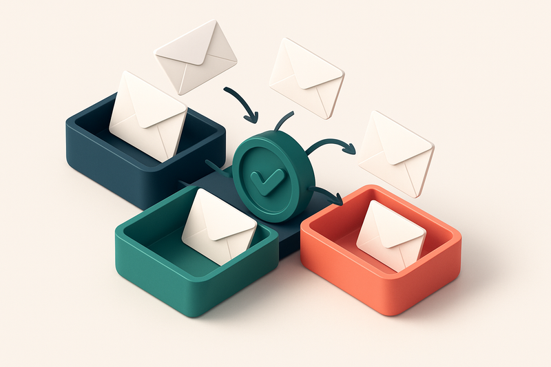 An isometric inbox dashboard with three labeled zones: a green 'DMARC Verified' tray, a red 'Failed Auth' tray, and an a