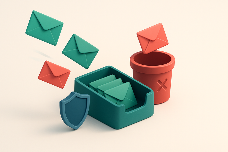 Hero: an isometric email inbox with envelopes flying in from the left—green 'valid' envelopes land in a green 'inbox' tr