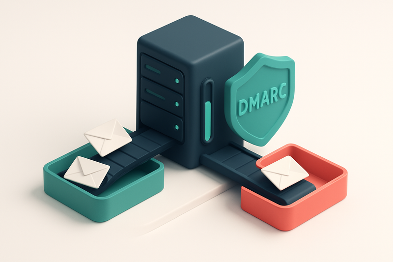 An isometric server rack with two conveyor belts: one labeled 'aligned emails' moving to a green 'inbox' tray, the other