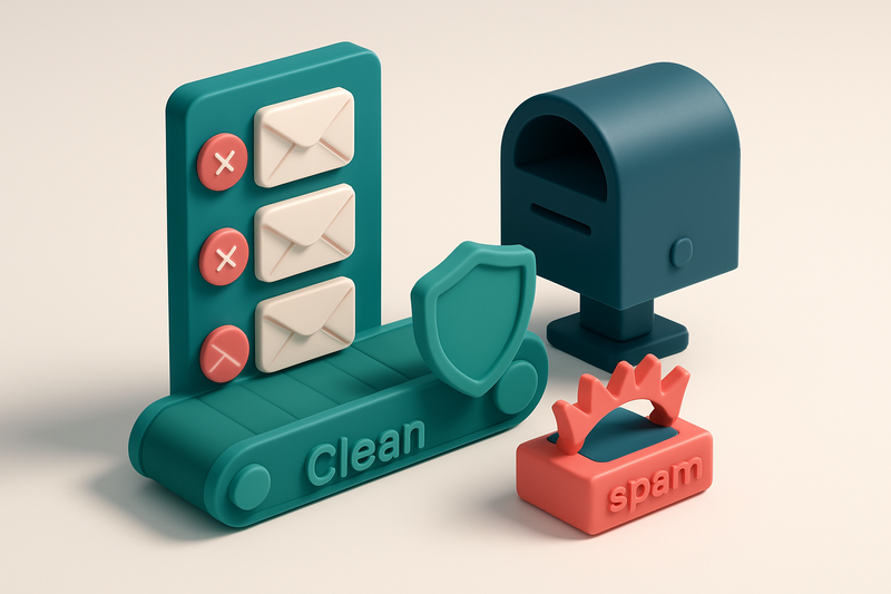 an isometric email list with red 'invalid' and 'risky' addresses being pushed through a green conveyor belt labeled 'cle