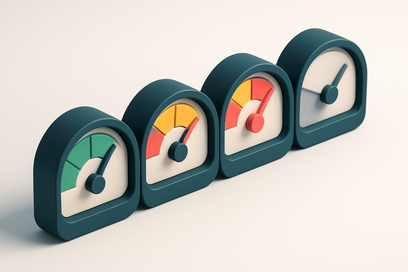a row of four gauge dials showing green, yellow, red, and gray levels