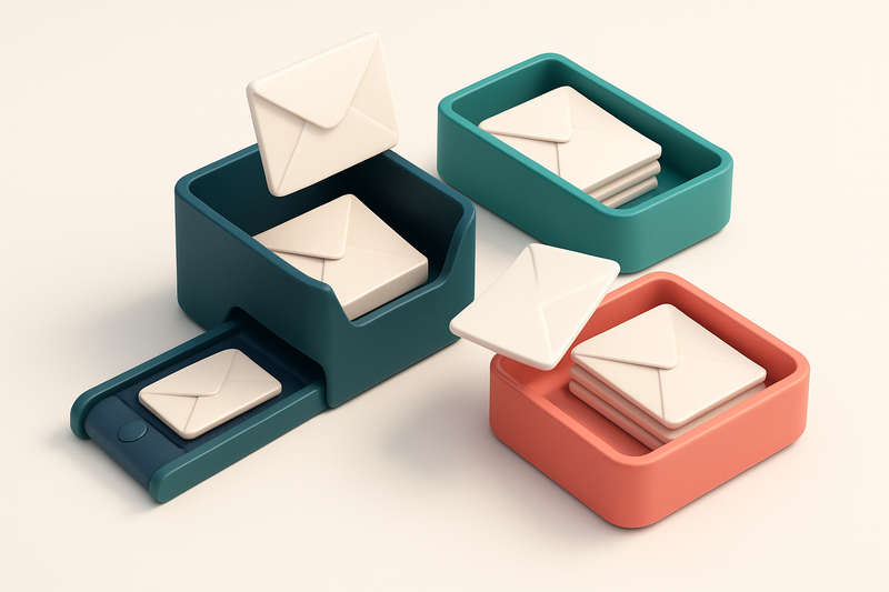 An isometric inbox with envelopes being sorted into two trays: green for 'valid' and red for 'invalid', with a conveyor