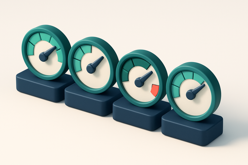 a row of four gauges showing sender reputation, bounce rate, spam score, and inbox placement