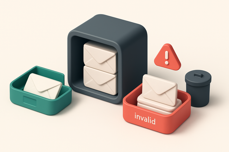 An isometric email inbox with envelopes being sorted into two trays: a green 'valid' tray and a red 'invalid' tray, a sm