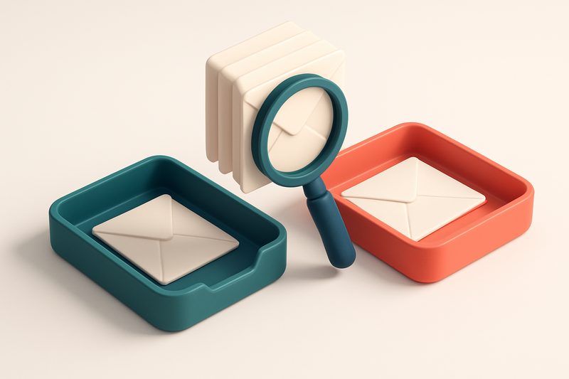 an isometric email inbox with envelopes being sorted onto a green 'valid' tray and a red 'invalid' tray, a magnifying gl