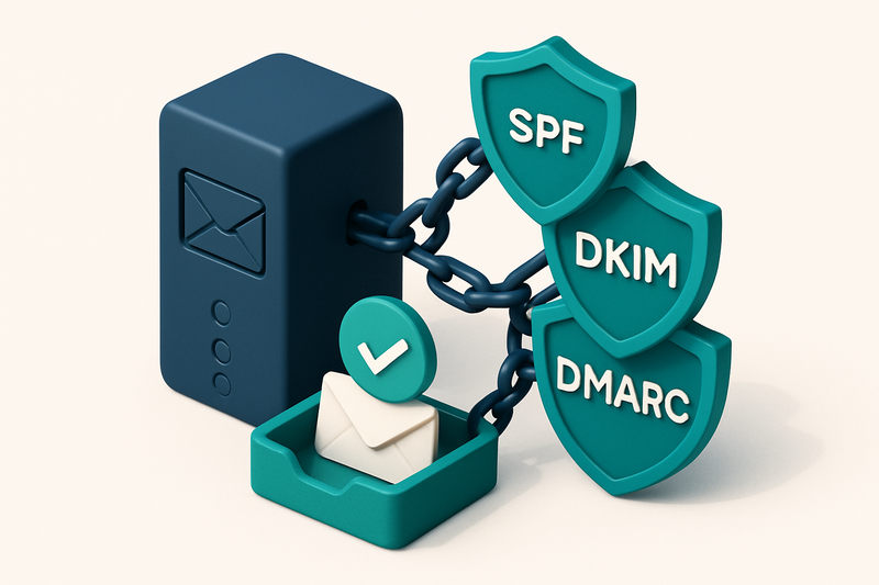 Hero: an isometric illustration of a secure email server tower with three layered shields (SPF, DKIM, DMARC) stacked and
