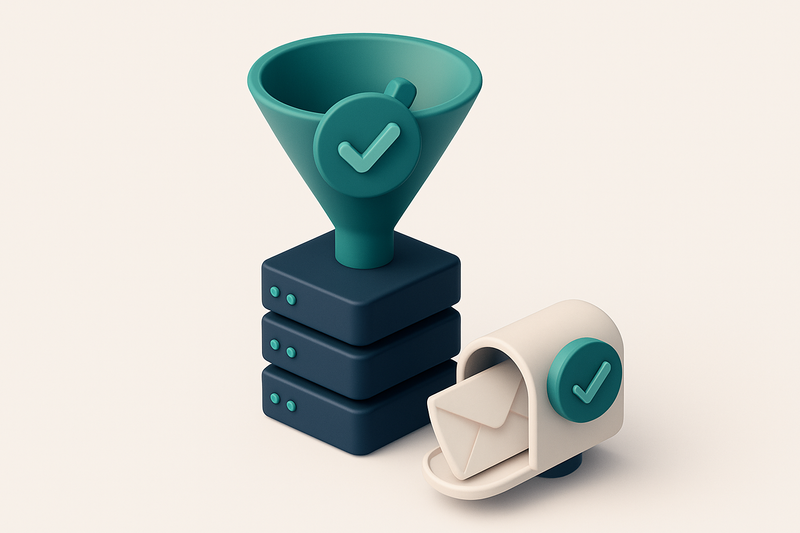 an isometric view of a 3D email delivery funnel: a green 'valid' funnel head with checkmark logos, a series of servers l