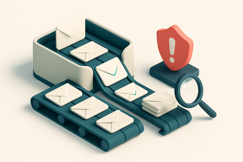 An isometric email inbox with envelopes labeled 'valid', 'invalid', 'catch-all', and 'risky' being sorted by three conve