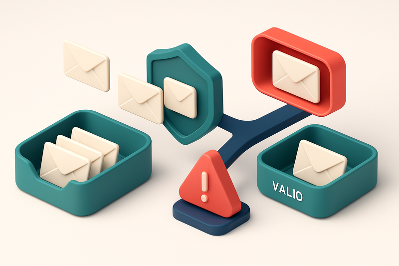 An isometric illustration of a 3D email list funnel with envelopes moving from a wide input tray, passing through a vali